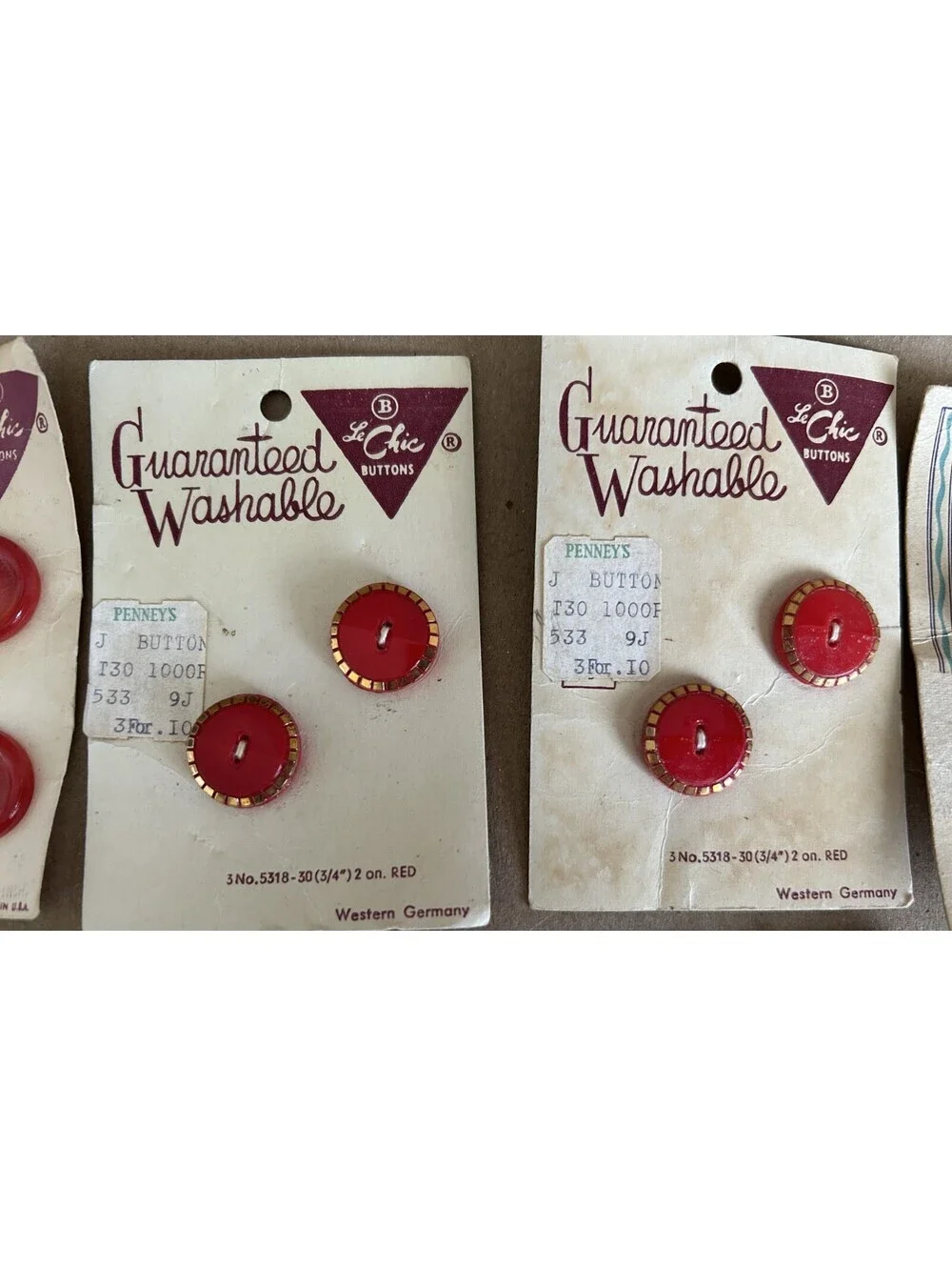 Vtg Button Lot, Reds, Lansing, Le Chic, Costumakers - On Cards set of 7